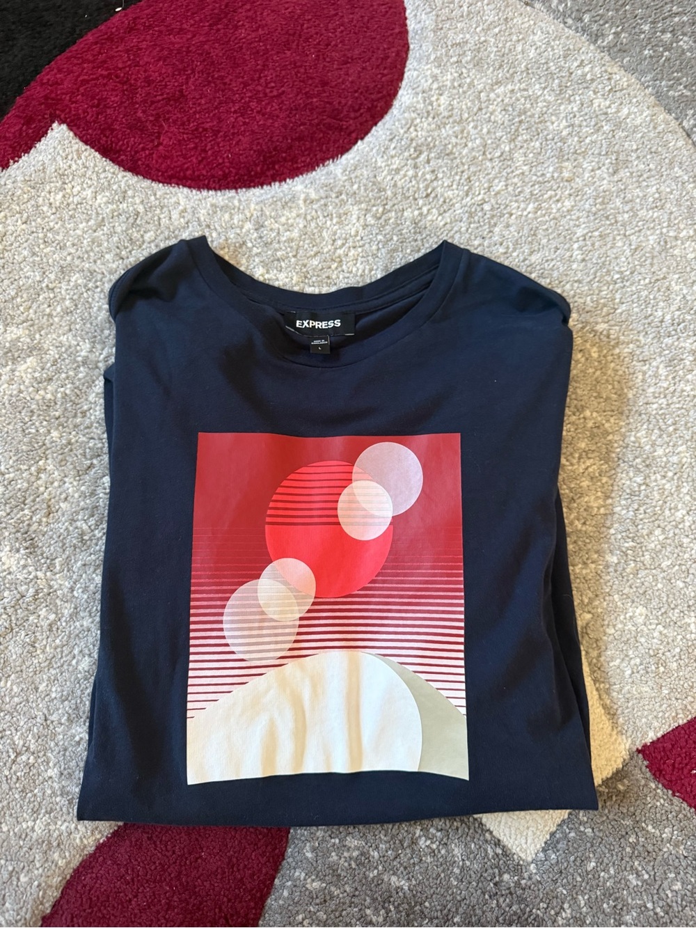 Express Men’s Black Graphic Crewneck Tee with Red & Cream Print